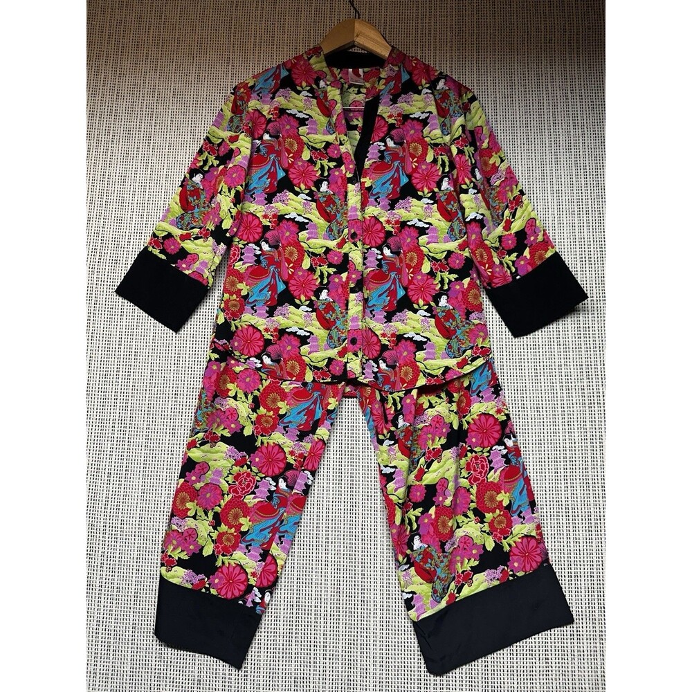 Josie Natori Floral Pajama Set XS Asian Print 2 Piece Loungewear Y2K